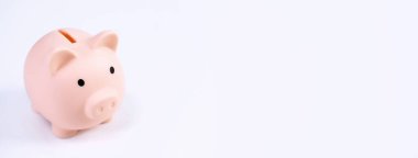 Finansal kuruluş - kiralık kasa, domuz kumbarası, beyaz arka planda güzel bir model, kredi veya sigorta için para biriktirme, kapat, kopyalama alanı.