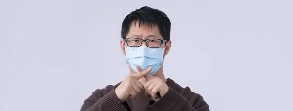 Porträtt Ung Asiatisk Man Säger Nej Till Coronavirus Infektion Med — Stockfoto