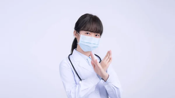 Young Female Doctor Woman Wearing Mask Making Stop Sign Gesture — Stock Photo, Image