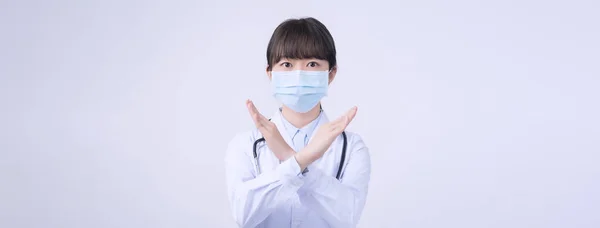 Young Female Doctor Woman Wearing Mask Making Stop Sign Gesture — Stock Photo, Image