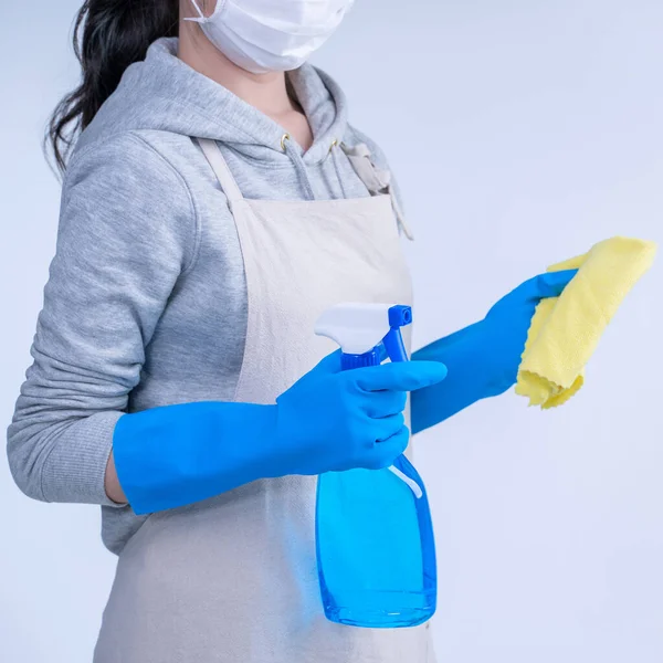 Young Woman Housekeeper Apron Doing Cleaning Blue Gloves Wet Yellow — Stock Photo, Image