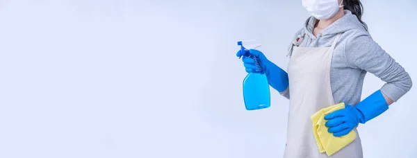 Young Woman Housekeeper Apron Doing Cleaning Blue Gloves Wet Yellow — Stock Photo, Image