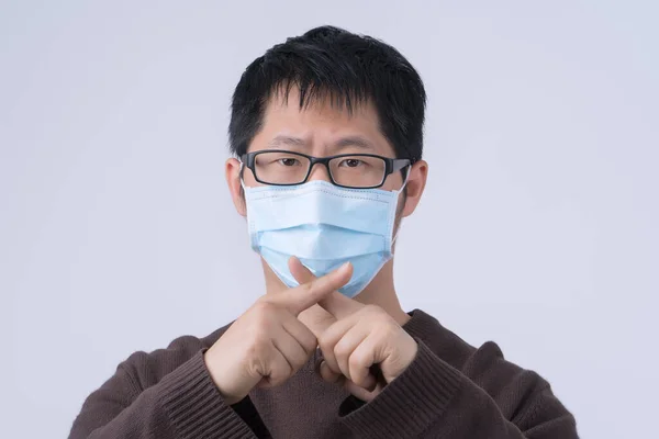 Portrait Young Asian Man Saying Coronavirus Infection Wearing Medical Surgical — Stock Photo, Image