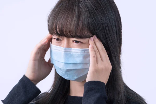Young Woman Feeling Dizzy Headache Sick Unwell Wearing Medical Blue — Stock Photo, Image