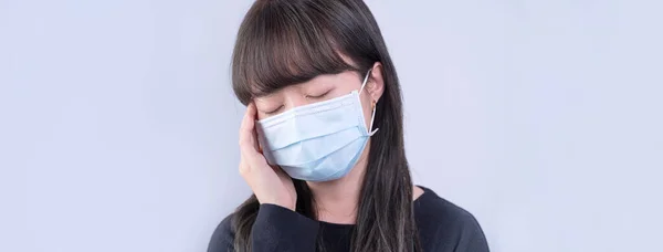 Young Woman Feeling Dizzy Headache Sick Unwell Wearing Medical Blue — Stock Photo, Image