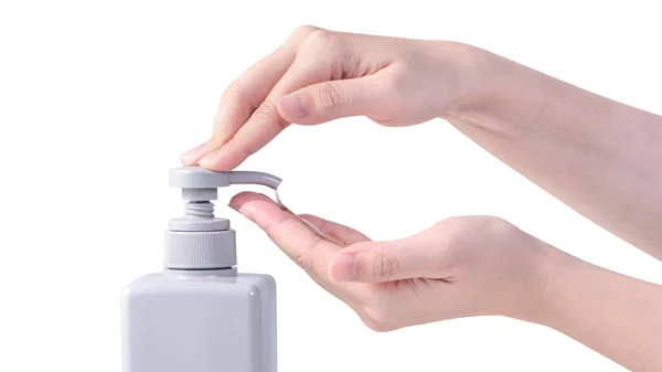 Washing Hands Isolated White Background Asian Young Woman Using Liquid — Stock Photo, Image