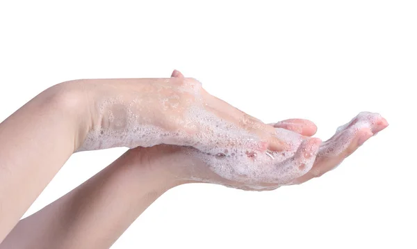 Мытье Рук Изолировано Белом Фоне Азиатская Девушка Использующая Жидкое Мыло — стоковое фото