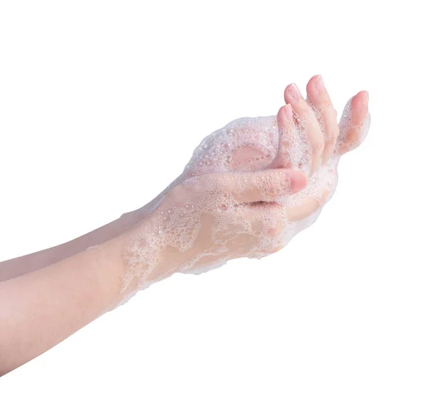 Руки Миють Ізольовано Білому Тлі Азійська Молода Жінка Користуючись Рідким — стокове фото