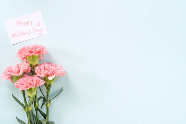 Mother's Day background, carnation bunch - Beautiful pale pink flower bouquet isolated on pastel blue table, top view, flat lay, copy space design.