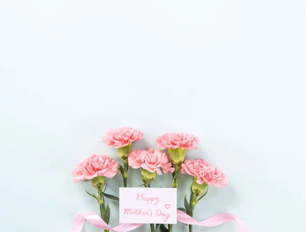 Mother\'s Day background, carnation bunch - Beautiful pale pink flower bouquet isolated on pastel blue table, top view, flat lay, copy space design.
