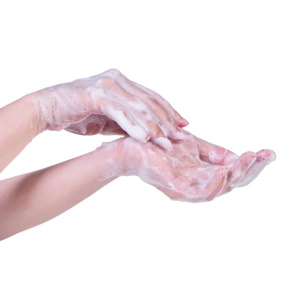 Мытье Рук Изолировано Белом Фоне Азиатская Девушка Использующая Жидкое Мыло — стоковое фото