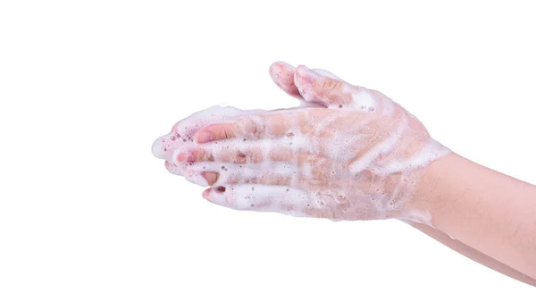 Lavarsi Mani Isolate Sfondo Bianco Asiatica Giovane Donna Con Sapone — Foto Stock