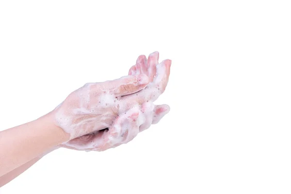 Lavarsi Mani Isolate Sfondo Bianco Asiatica Giovane Donna Con Sapone — Foto Stock