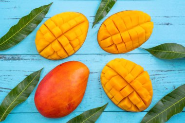 Mango - Taze kesilmiş tropikal mango meyvesi parlak, parlak, açık mavi ahşap masa arkaplanı, üst görünüm, düz konum, tepeden çekim.