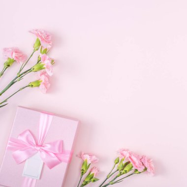 Anneler Günü, Sevgililer Günü arka plan tasarım konsepti, güzel pembe karanfil çiçeği buketi pastel masa, üst manzara, düz yer, kopyalama alanı.