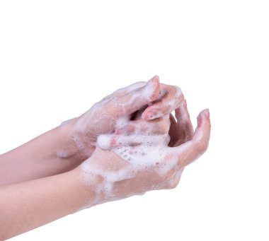 Beyaz arka planda izole edilmiş el yıkama talimatları. Sıvı sabun kullanan Asyalı genç kadın, pandemik koronavirüsü koruma konsepti, kapatın..