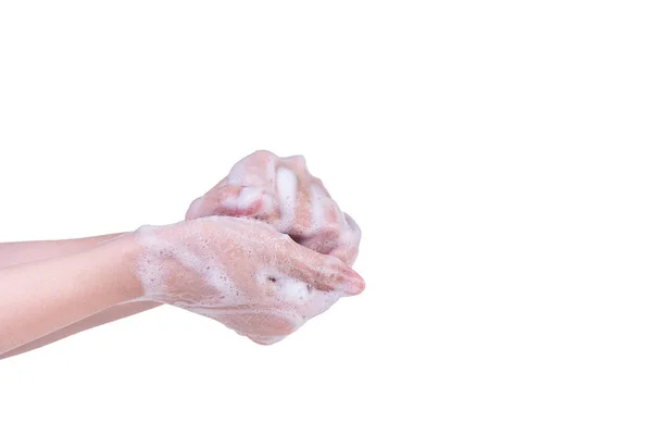 Lavando Mão Passo Instrução Isolada Fundo Branco Mulher Jovem Asiática — Fotografia de Stock