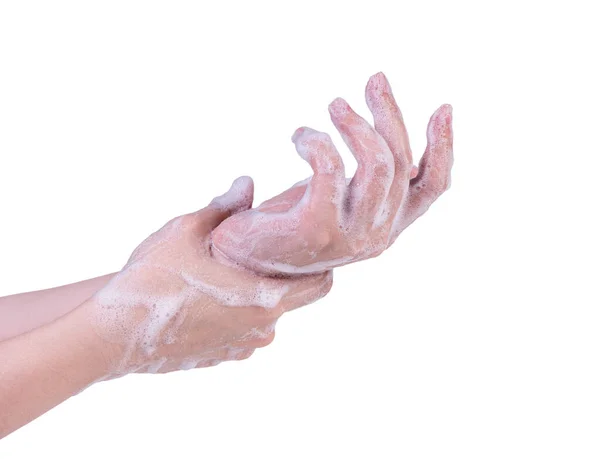 Lavando Mão Passo Instrução Isolada Fundo Branco Mulher Jovem Asiática — Fotografia de Stock