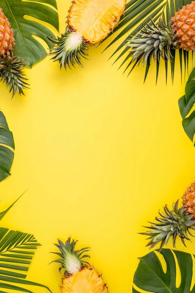 Beau Ananas Sur Feuilles Monstère Palmier Tropicale Isolées Sur Fond — Photo
