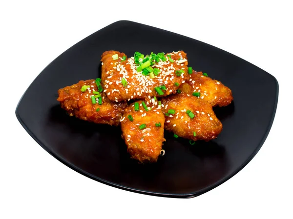 Fried Chicken Korean Sauce Black Dish Isolated White Background — Stock Photo, Image