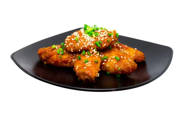 Смажені Курячі Соусом Корейська Чорний Блюдо Ізольовані Білому Тлі — стокове фото