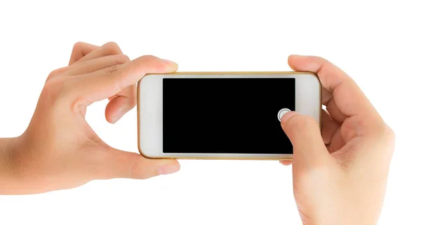 Hand Hält Smartphone Nehmen Sie Ein Foto Isoliert Auf Weißem — Stockfoto