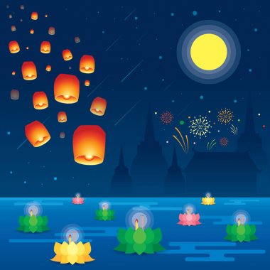 Tayland Loy Krathong Festivali. Vektör çizim.