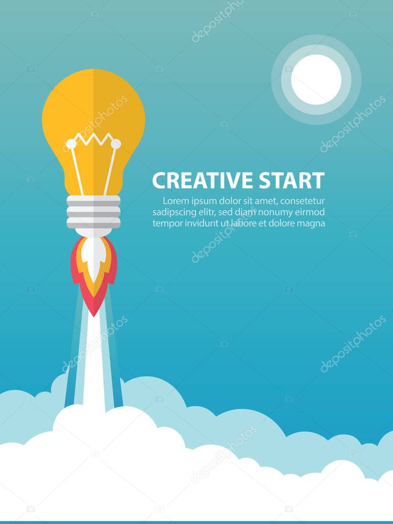 Art launch light bulb rocket with sky space and sun. Creative startup concept. Vector illustration. Flat design.