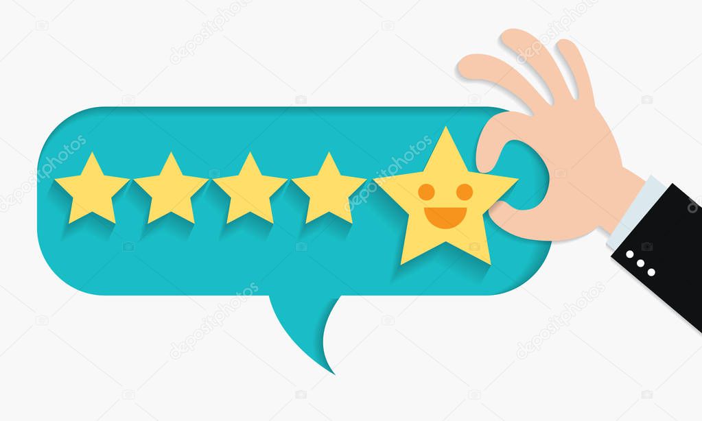 Customer review give a five star in bubble box. Positive feedback concept. Vector illustration. Paper cut design.