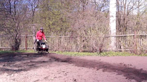 Obdělávání Půdy Moto Kultivátor Pluhy Trhá Zem — Stock video