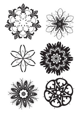 Siyah süslemeli kar taneleri seti, vektör çizimi