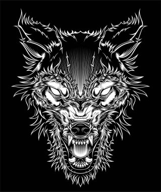 Vektör çizim kafa vahşi kurt, anahat siluet siyah bir zemin üzerine