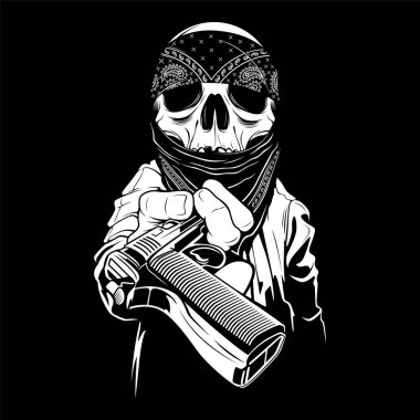 a skull wearing a bandana hands over a gun,vector clipart