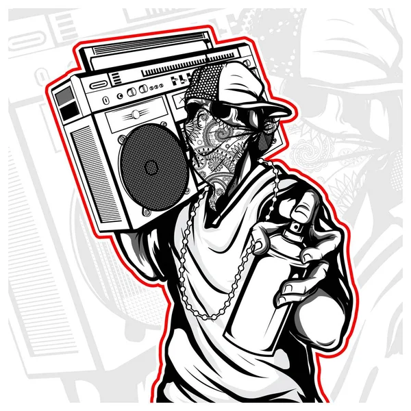 Cráneo hip hop manejo boombox — Vector de stock