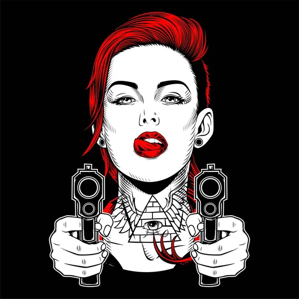 Cráneo mafia con pistola mano dibujo vector — Archivo Imágenes Vectoriales