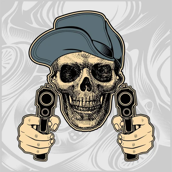 Cráneo mafia con pistola mano dibujo vector — Vector de stock