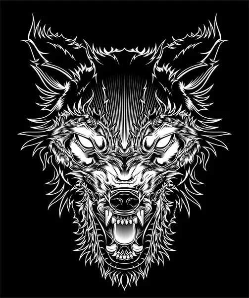 Векторная иллюстрация головы свирепого волка, очертания силуэта на черном фоне — стоковый вектор