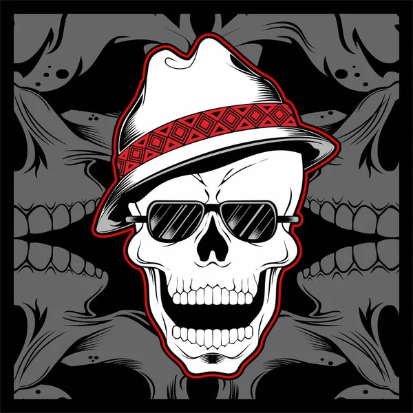 Cráneo de gángster con sombrero fedora mano dibujo vector — Vector de stock