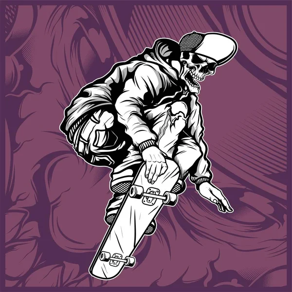 Totenkopf Skateboard Hand Zeichnung Vektor — Stockvektor
