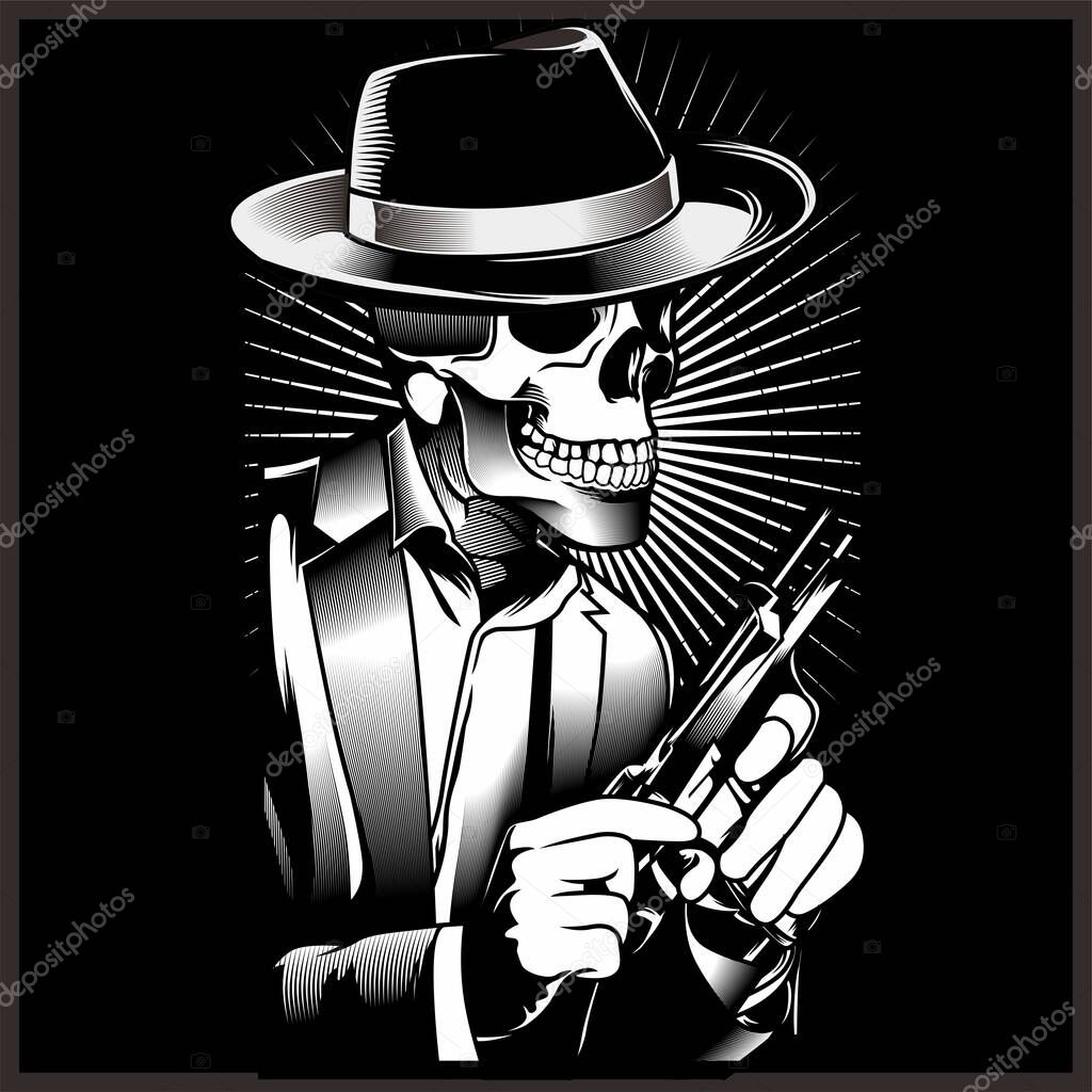skull mafia with gun hand drawing vector