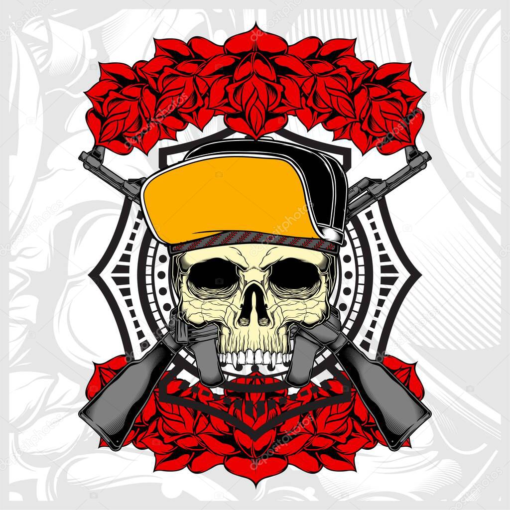 skull wearing hat with rose