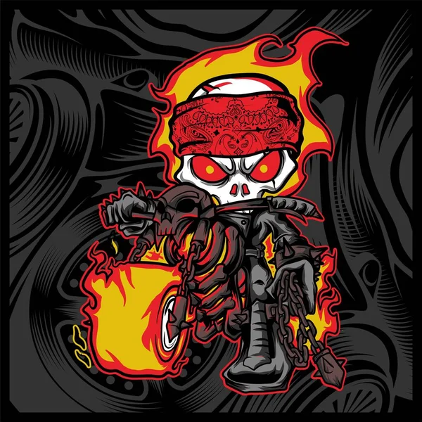 Skull rider motociclistas de fuego, dibujo a mano, aislado, fácil de editar — Vector de stock