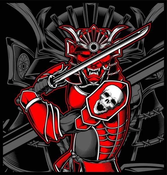 Samurai cráneo japonés ilustración — Vector de stock