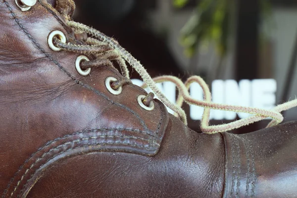 Brown Leather Shoelaces Lacing — Stock Photo, Image