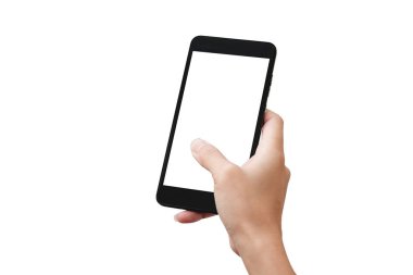 El ele tutuşan akıllı telefon beyaz arkaplanda izole edildi