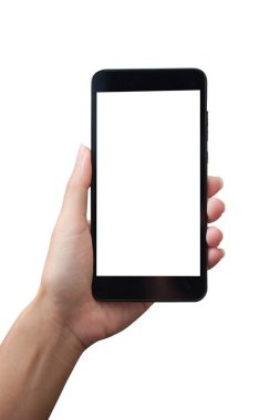 El ele tutuşan akıllı telefon beyaz arkaplanda izole edildi