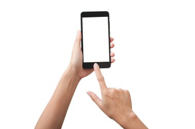 El ele tutuşan akıllı telefon beyaz arkaplanda izole edildi
