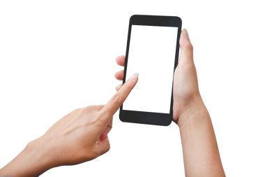 El ele tutuşan akıllı telefon beyaz arkaplanda izole edildi