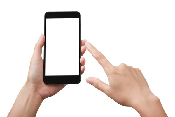 El ele tutuşan akıllı telefon beyaz arkaplanda izole edildi