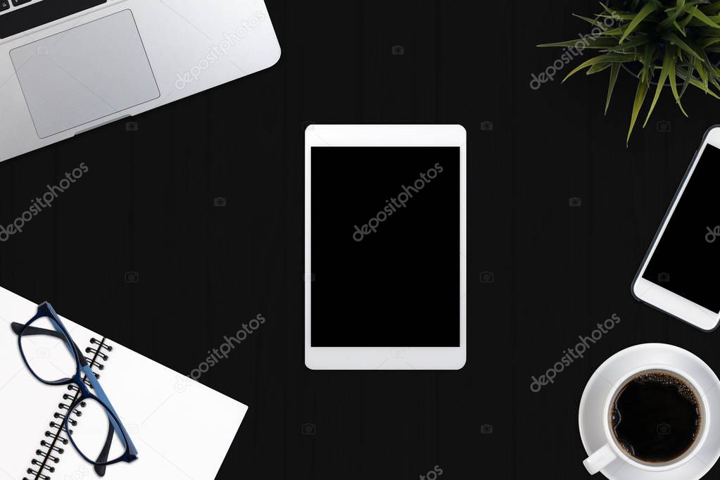 Valentine Day top view business office supplies. Laptop with notebook and smart phone on white table. Business concept. Home office workspace.